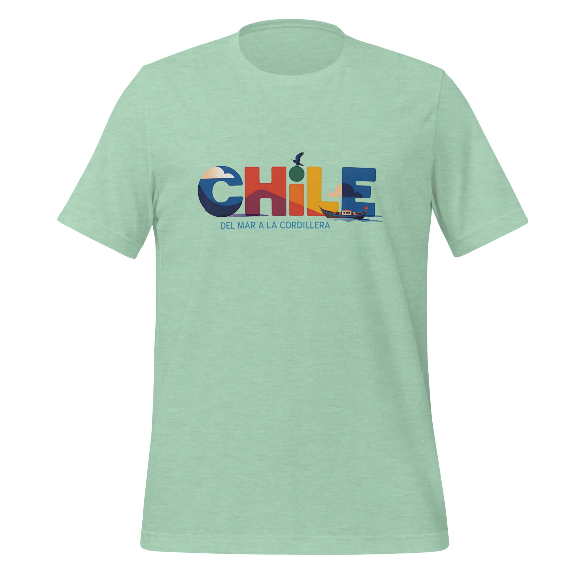 T-shirt con diseño colorido del país Chile con texto “Chile – Del Mar a la Cordillera”.